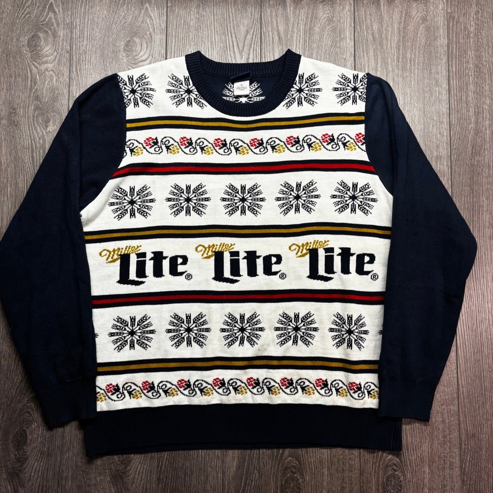 Miller Lite Mens XL Holiday Ugly Christmas Sweater Navy White Fair Isle Beer